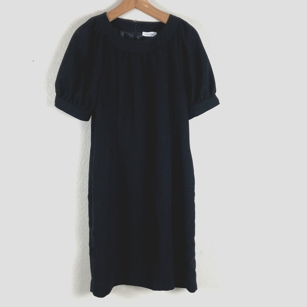 Calvin Klein Classic Dress Womens 8 Black‎ Shift Round Neck Pleated Lined Zipper